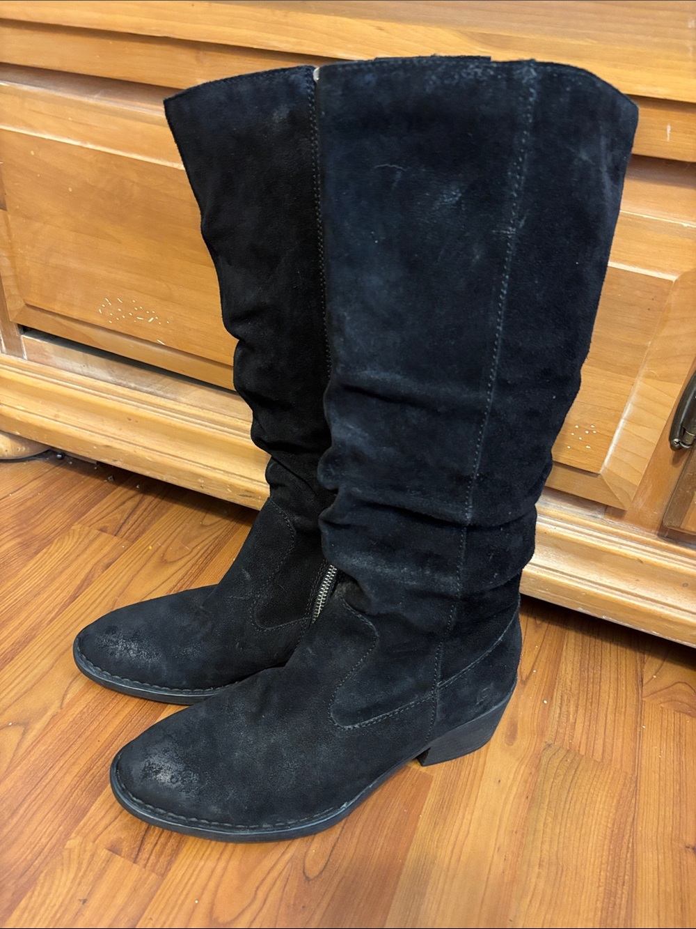 Born Black Suede Mid-Calf Slouchy Heeled Boots